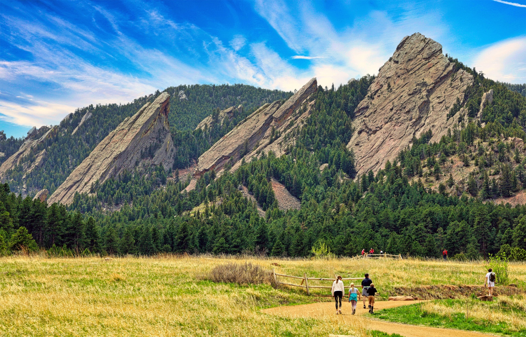 Family hiking the Flatirons trail in Boulder, Colorado on a sunny day