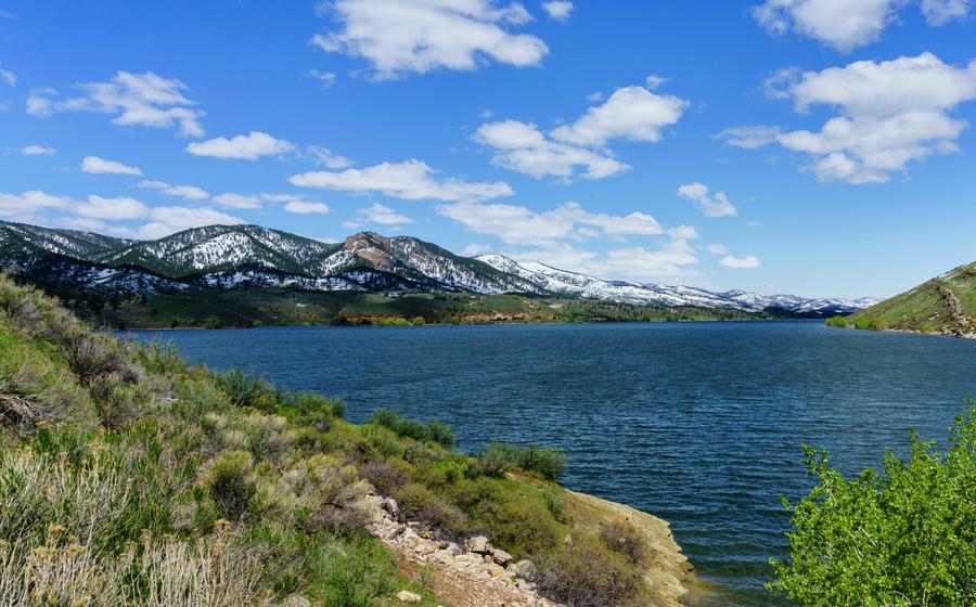Horsetooth Reservoir with snow-capped foothills near Fort Collins, Colorado