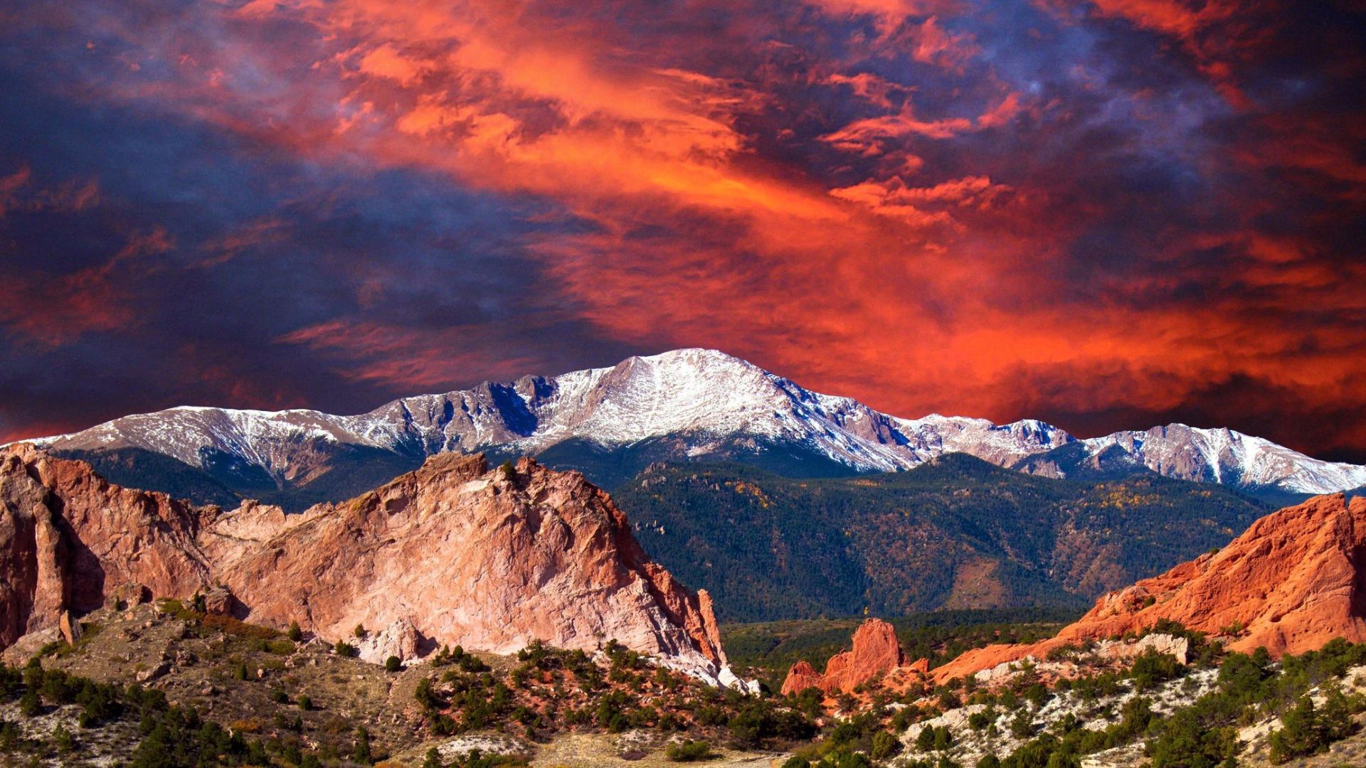 Pikes Peak at sunset over Garden of the Gods near Colorado Springs